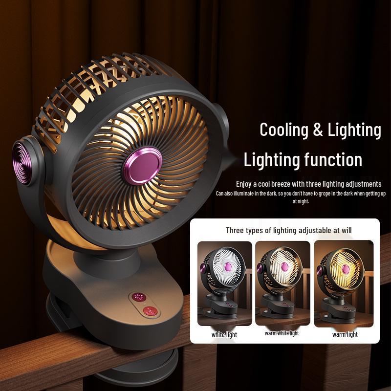 Silent USB Clip-on Desktop Fan with Light and Oscillation for Home and Dorm Use