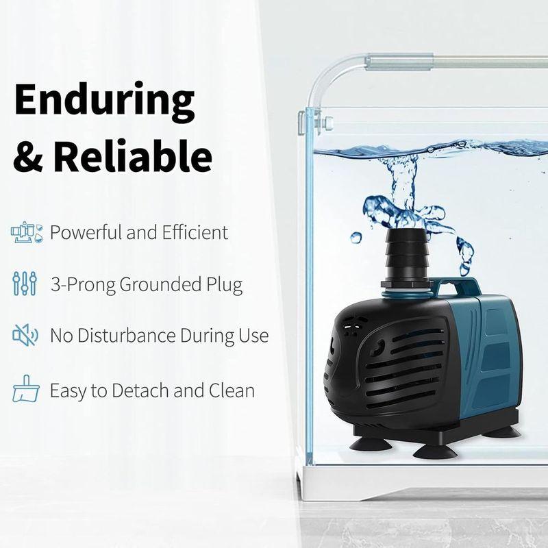 1000 GPH Submersible Inline Water Pump, 80W, 10ft Power Cord, Quiet Operation for Large Aquariums, Ponds, and Water Features