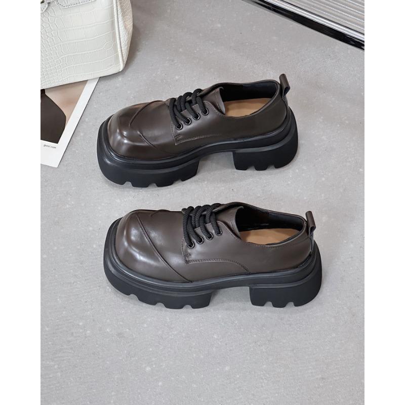 

Spring leather women s shoes round head deep mouth lace-up high heel thick heel JK small leather shoes big head shoes women s single shoes 39 коричневий