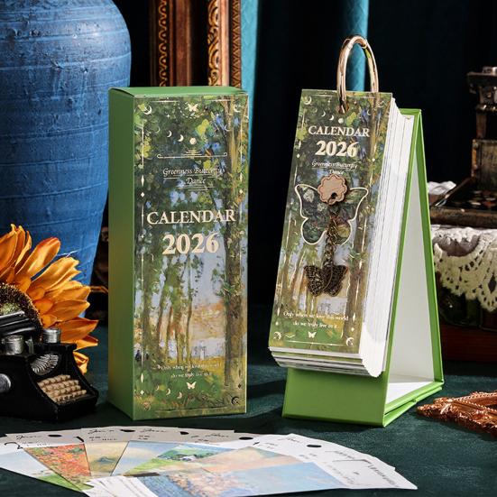 2026 Vintage European Style Oil Painting Flip Calendar Desktop Flip Calendar with Butterfly Charm Aesthetic Desk Organizer for Home Living Room Decor