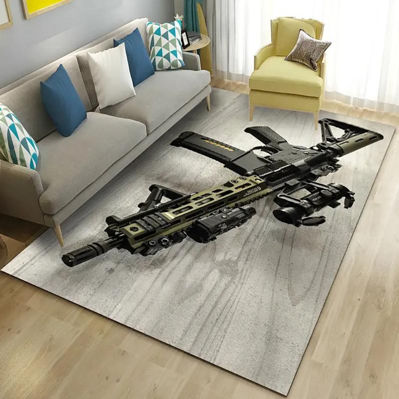 3D Assault Rifle Pistol Revolver Pattern Area Rug, Suitable for Kids' Play Area Anti-Slip Mat, Living Room Sofa Decorative Mat