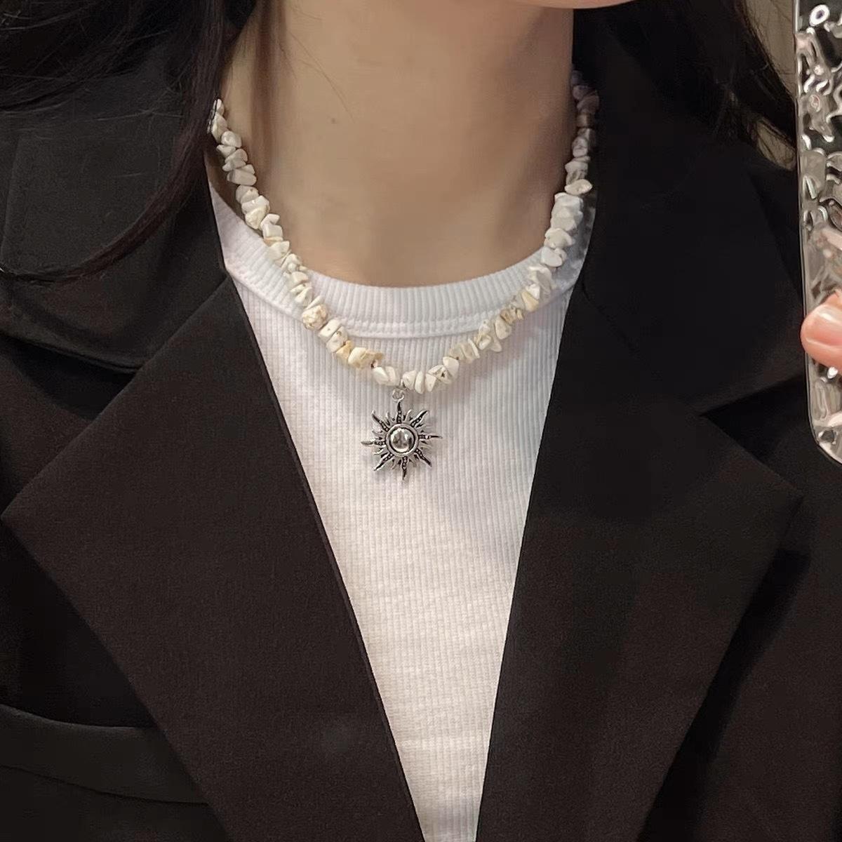 

Trendy Personality Sliver Color Stainless Steel Obsidian Awn Star Sun Cross Pendant Necklace for Women Men Hip-hop Charm Jewelry