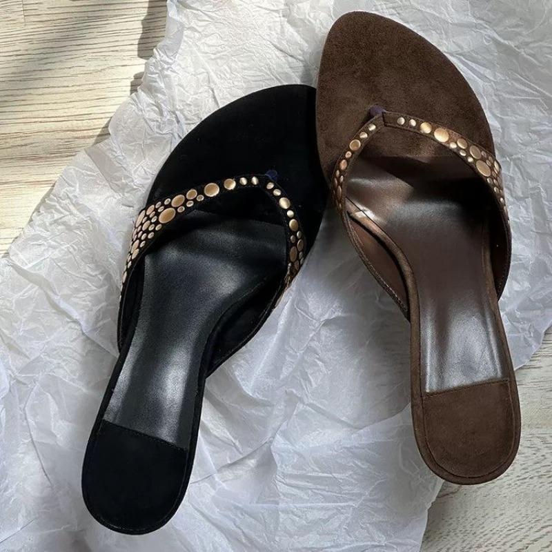 Women's Stiletto Sandals Summer New Style Pointed Toe Rivet Suede Anti-slip Wear-resistant High-heeled Slippers
