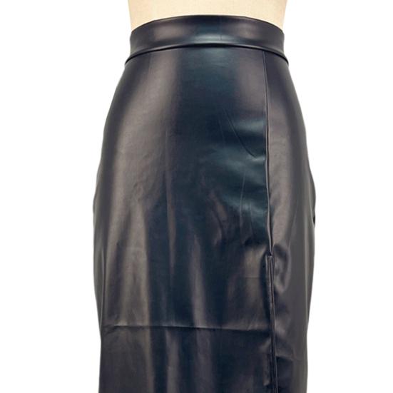 Midi Skirt High Waist Artificial Leather Hip Skirt with Slit Design Pure Color Slimming Fit Office Lady Skirt Work Leisure Daily Wear