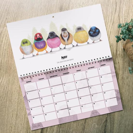 Cute Little Birdies Wall Calendar 2026 Illustrated Monthly Art Calendar Home Office Decor with Large Grids