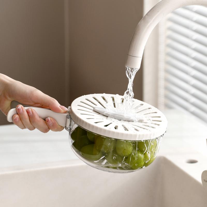 Dehydration Washing Basket with Folding Handle Lid Draining Switchable Washing Fruit Vegetable Preservation Box Draining Bowl