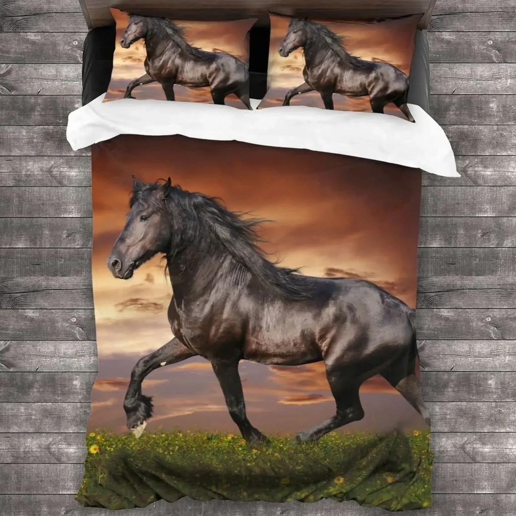Horse Duvet Cover Animal Bedding Set for Boys Teens Western Cowboy Sunset Scenery Double Queen King Size Polyester Qulit Cover