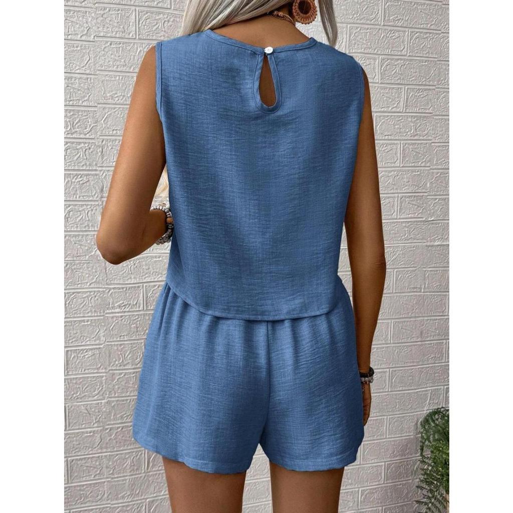 Women'S Solid Color Sleeveless Top and Shorts Set - Casual, Button-Up, Round Neck, All-Season, Casual Attire|Sleeveless Top|Buttonup Shorts