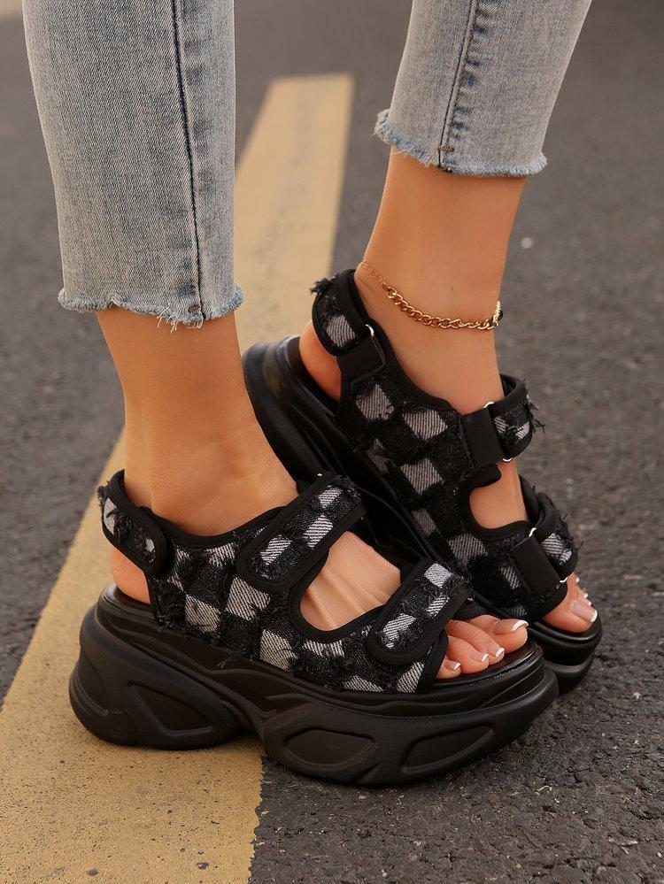 European and American New Sandals Muffin Velcro Large Size Foreign Trade Platform Sandals Denim Women's Shoes