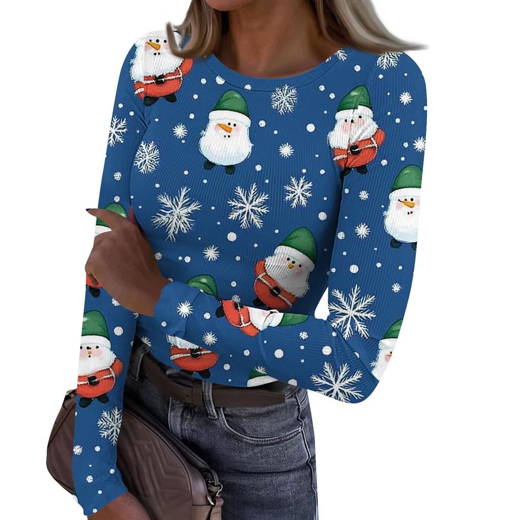 Women's Fashion Slim-Fit Round Neck Base Layer T-Shirt Christmas Print Long-Sleeved Top