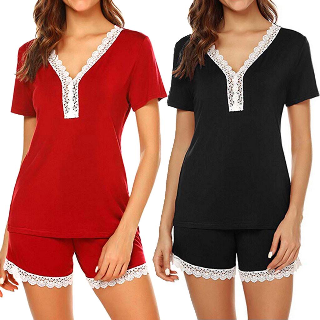 Buy Women's Lace Soft Patchwork Short Sleeve Sleepwear Soft Pajama Set at affordable prices