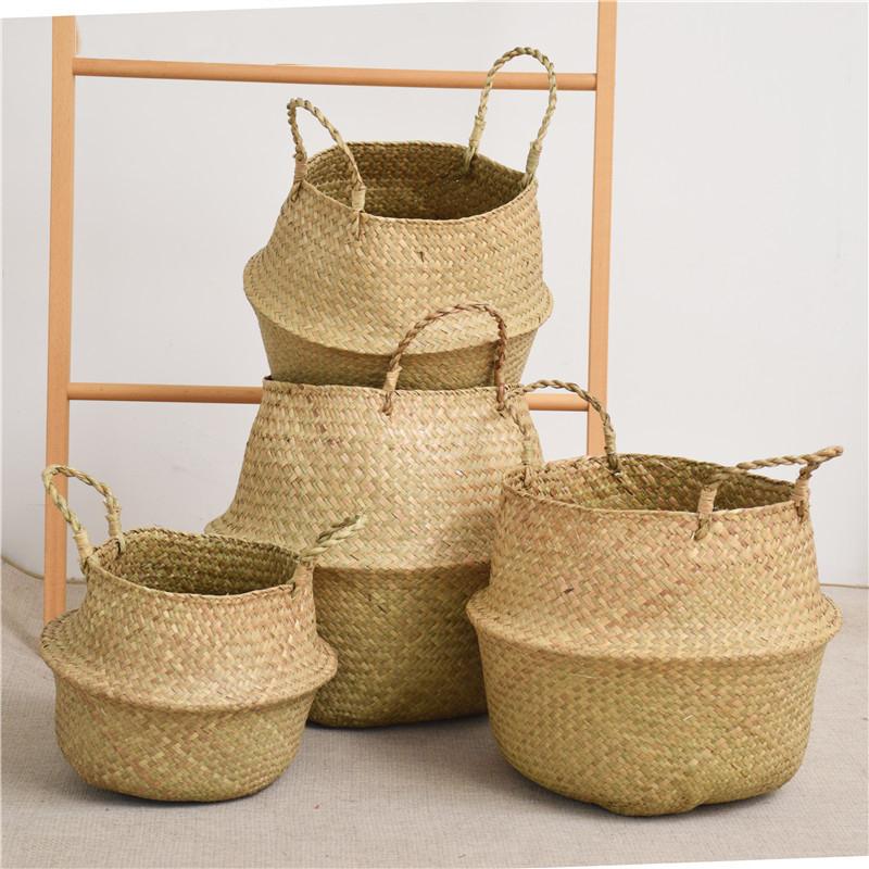 Nordic Portable Woven Flower Pot Seagrass Basket Big Belly Basket Plant Floor Folding Straw Storage Basket