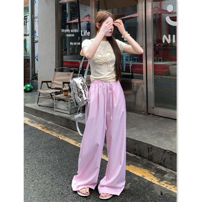 Unisex Blue Vertical Striped Casual Pants: Korean Summer Style, Floor-Length, Straight Wide-Leg, High-End Feel