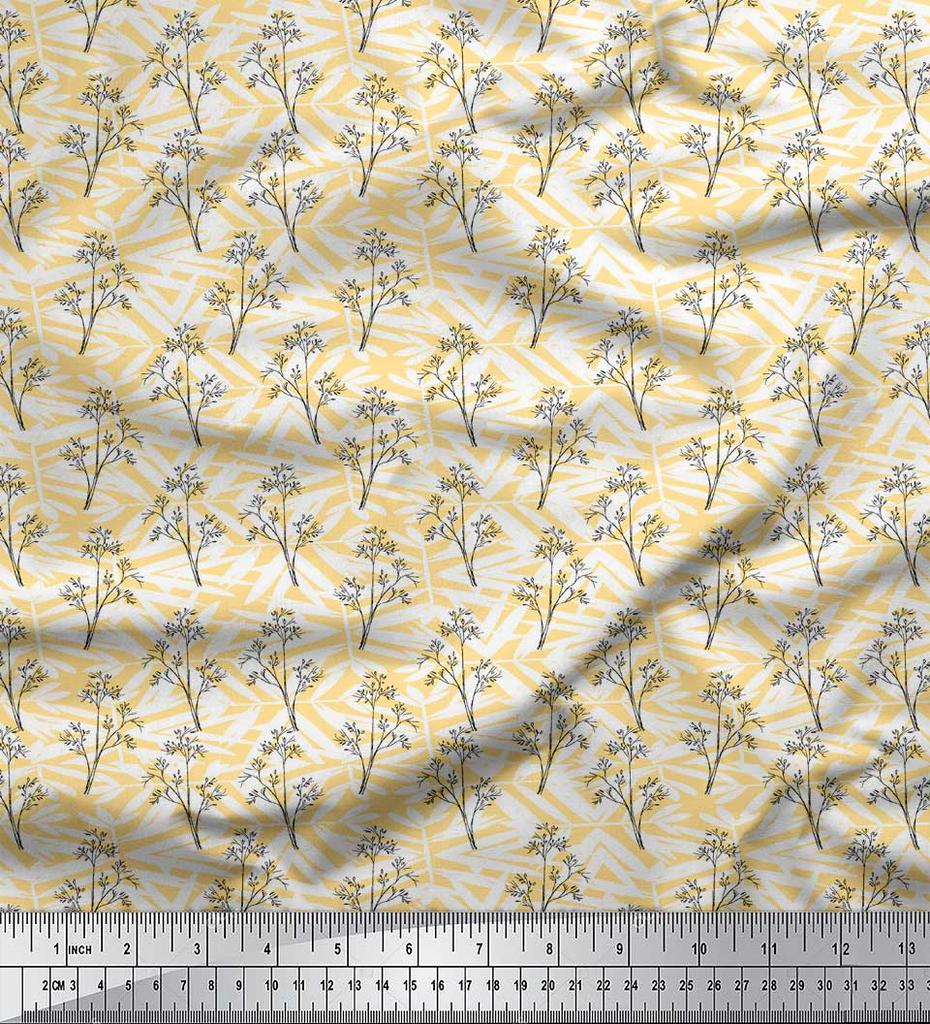 Soimoi Blue Poly Crepe Fabric Silhouette Branch Leaves Print Fabric by metre 42 Inch