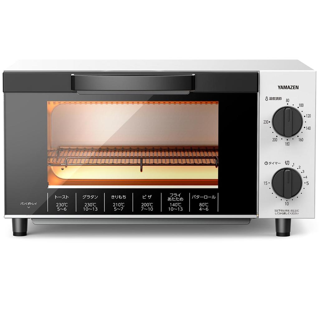 YAMAZEN YTK-FC123(W) Toaster Oven, Toasts 4 Slices, 16 Temperature Settings, Timer Function, 1200W, Mesh Grill, and Includes a Tray, White