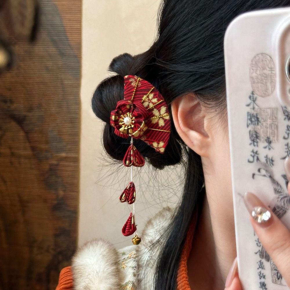 Bell Kimono Sakura Hairpin Sakura Hanfu Fan Hair Clip Cute Tassel Fan Hair Clip  Photo Pros