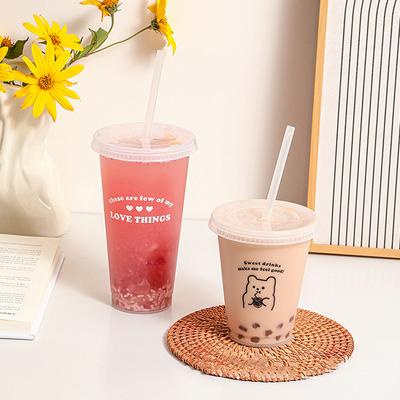Kawaii Wasserflasche für Kaffee, Saft, Milch, Tee, süße Kaltbecher aus Kunststoff mit Strohhalmdeckel, tragbare, wiederverwendbare Trinkflasche, BPA-frei