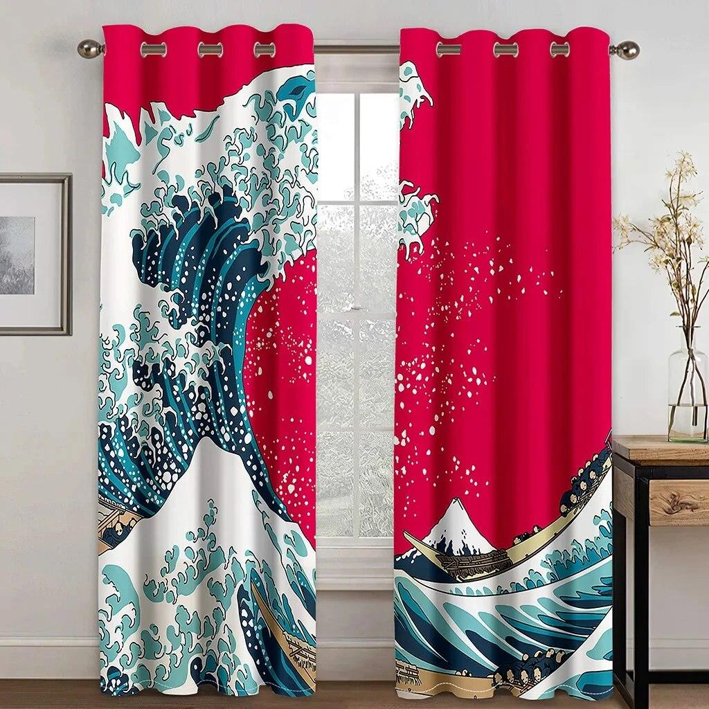 

Long Black Japanese Sunrise Wave Window Curtains Blackout Drape For Living Room Bedroom Decor 2Pcs New Pattern W50xH130(CM)x2PCS-Rod pocket