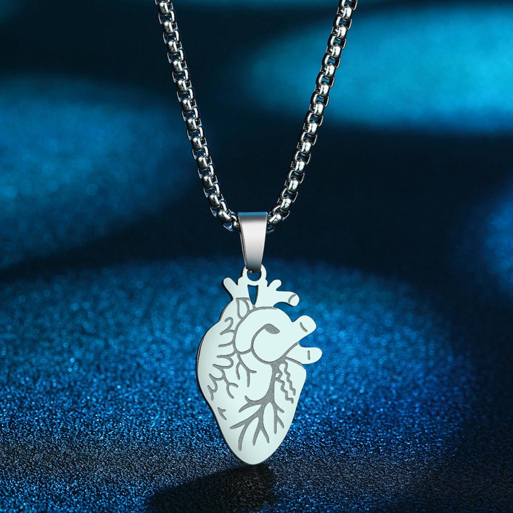Kinital Laser Carved Exquisite Fashion Stainless Steel Necklace Anatomic Human Heart Charm Necklace Birthday Commemorative Gift