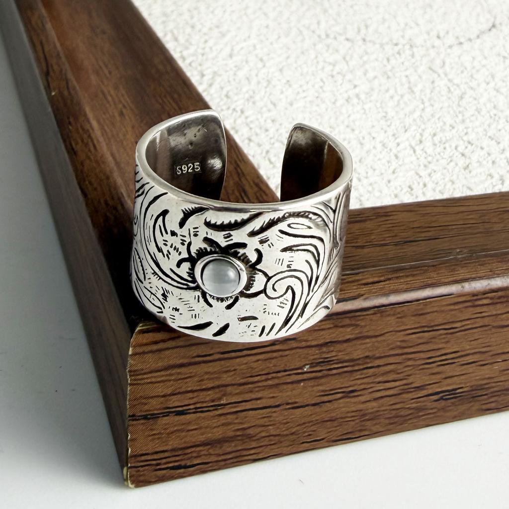 925 Silver Rings For Women Geometric Fine Jewelry Finger Adjustable Wide Hollow Stone Ring For Party Birthday Gift