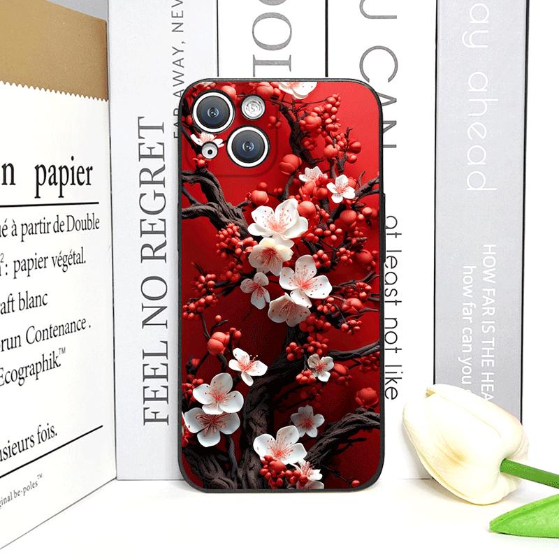 Retro Künstlerisches Rotes Blume Pflaumenblüte Muster Handyhülle für iPhone 17 16 12 11 14 Plus 13 15 Pro Max Mini X XS XR Weiche Hüllen
