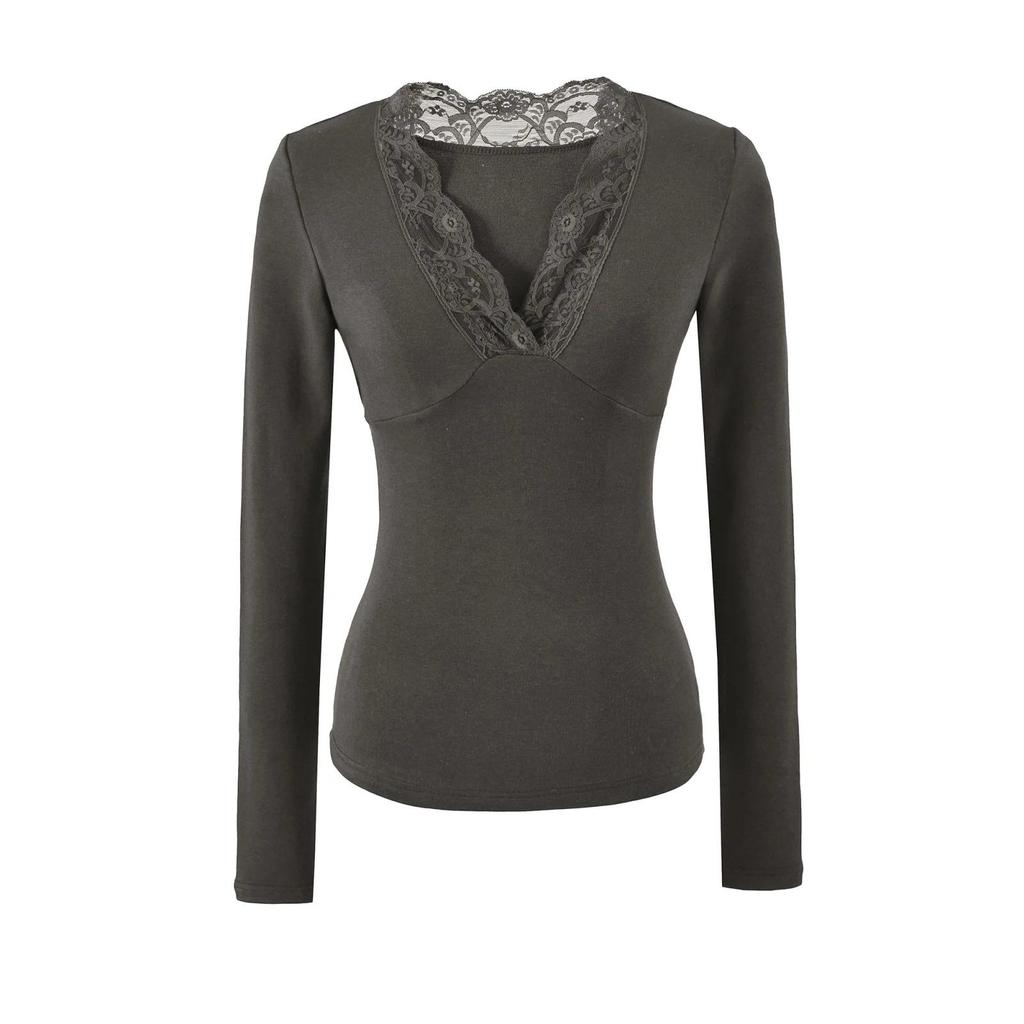 Women's 2026 Slim Fit Deep V-Neck Lace Patchwork Long Sleeve T-shirt
