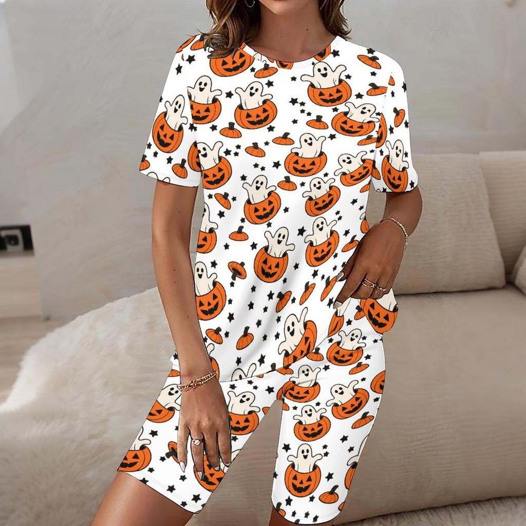 Women Plus Size White Halloween Printed Round Neck Short Sleeve Longline Top Fitted Shorts Two Piece Set