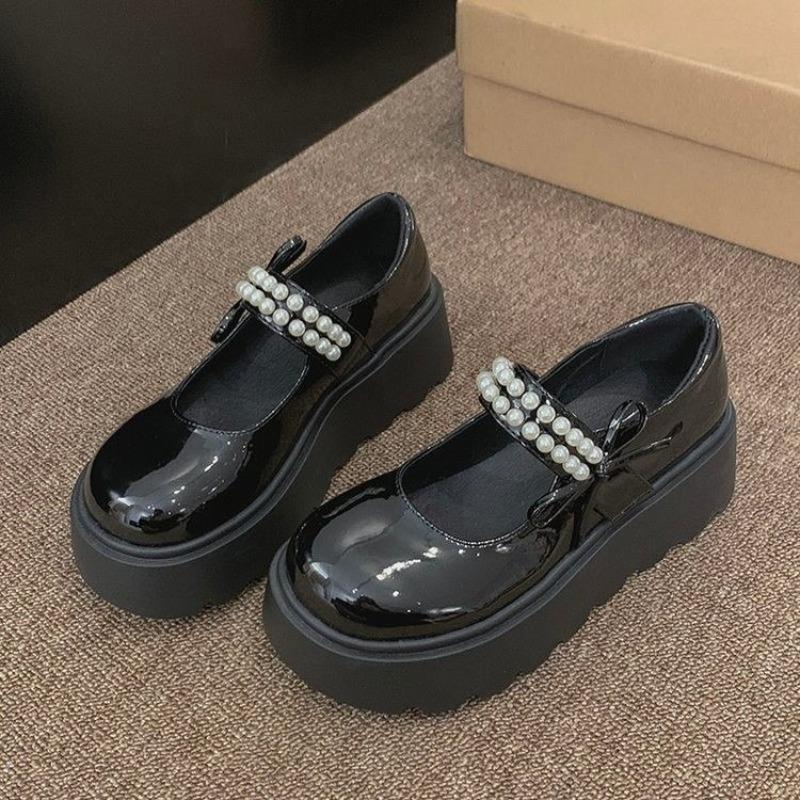 Fashion Bow Platform Single Shoes Autumn New Round Toe Shallow Mouth Beaded Non-Slip Wear-Resistant Wedge Mary Jane Shoes