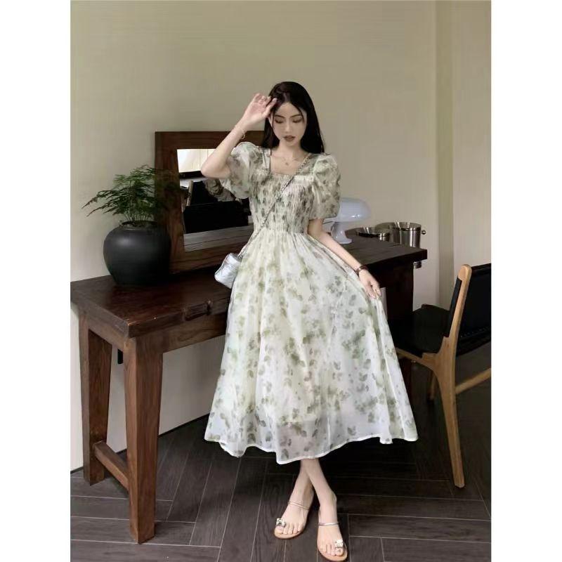 Abito midi da donna a trapezio con scollo quadrato, maniche a sbuffo e stampa floreale, casual, vita alta, estivo