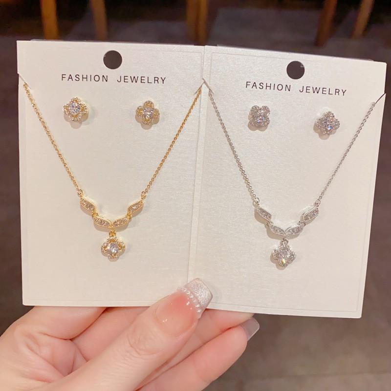 French Style Clover Zircon Necklace Set Fashionable Daily Wear Clavicle Chain Women