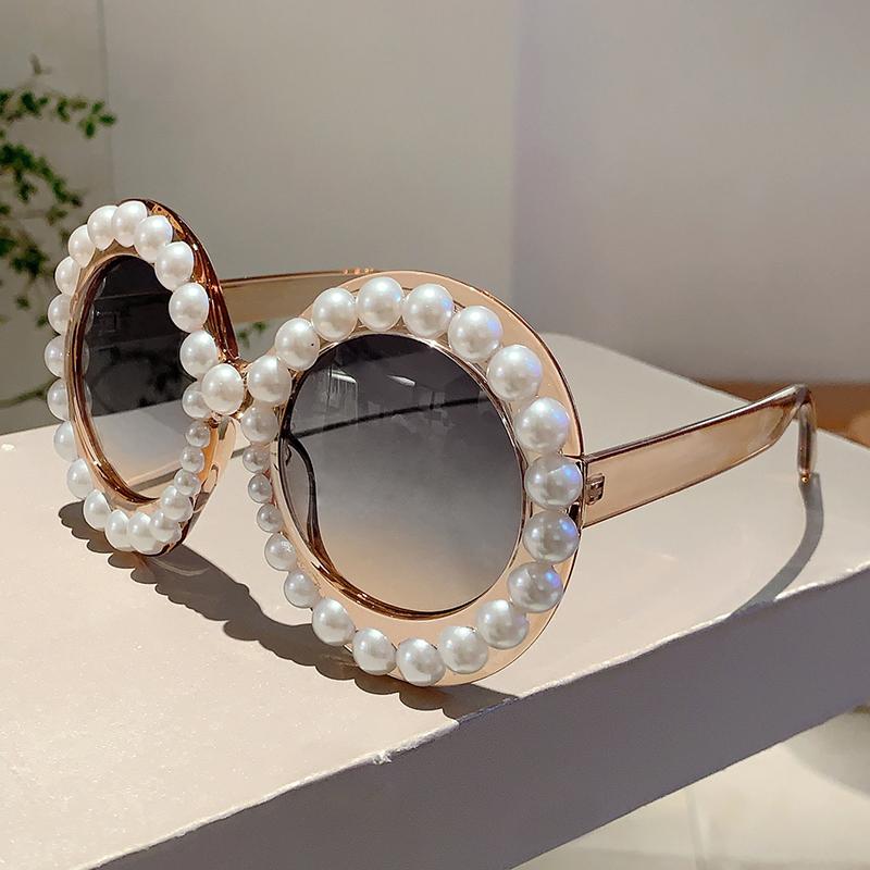 Retro Round Design Shades Women Chic White Pearl Decor Sunglasses Original Brand High Quality Vacation Beach Sun Glasses