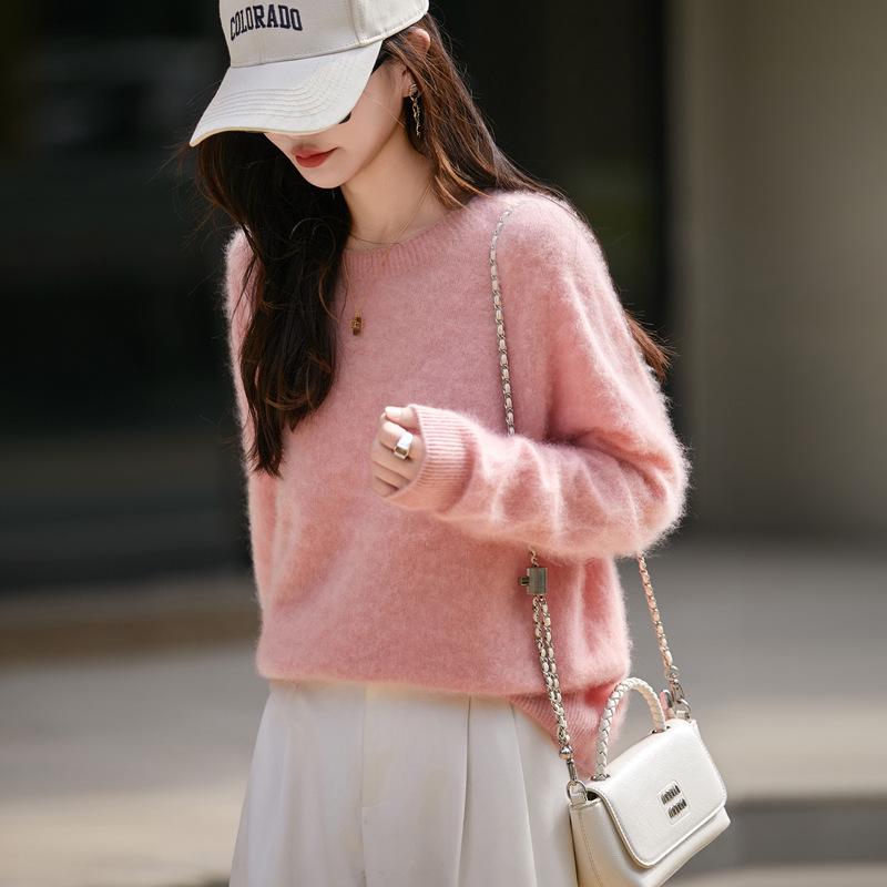 Women's Brushed Wool Round Neck Sweater - Autumn/Winter Cozy Cashmere Base Layer, Loose Fit, Lazy Style