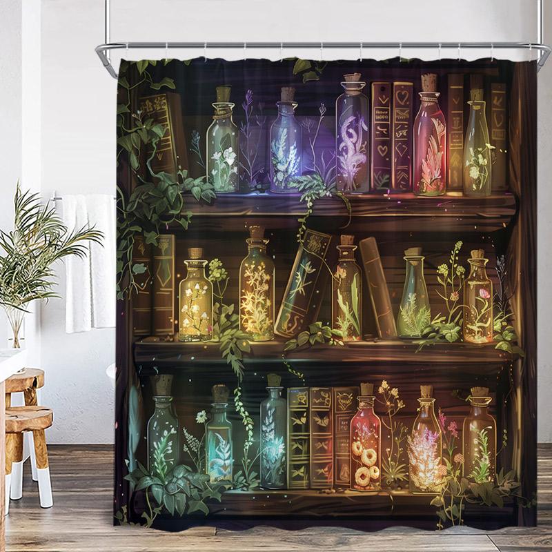 Vintage Bookshelf Shower Curtain Retro Book Green Plant Leaves Modern Fabric Home Wall Hanging Bathroom Curtain Decor with Hooks