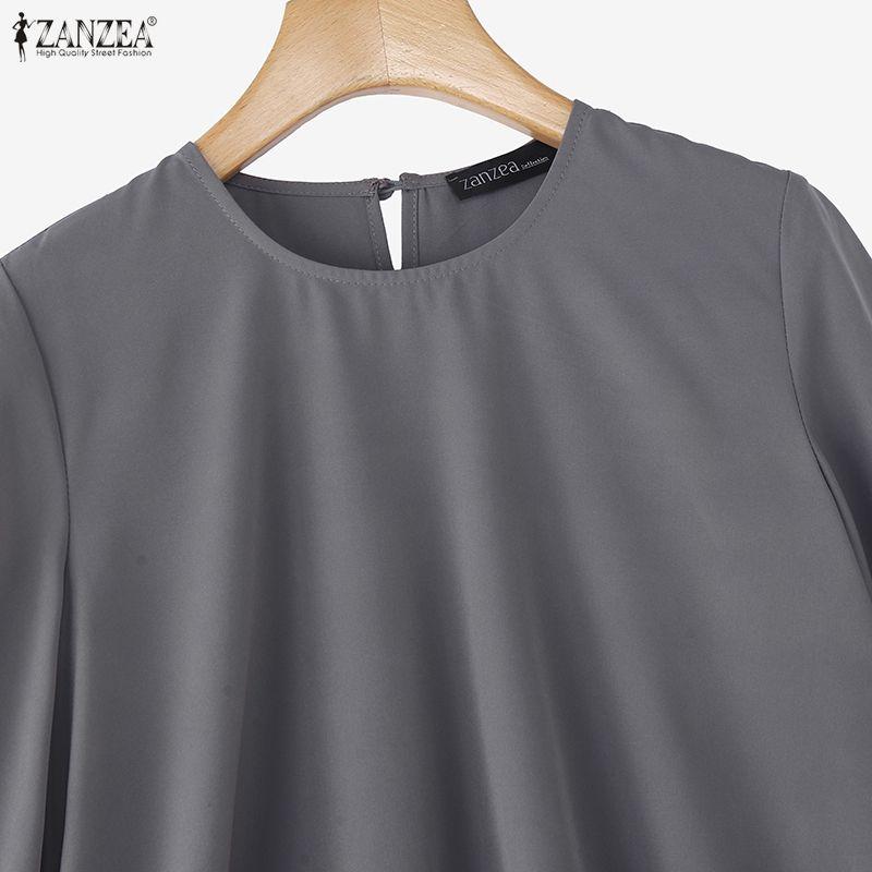 ZANZEA Women Casual Round Neck Solid Color 3/4 Sleeve Loose Blouse