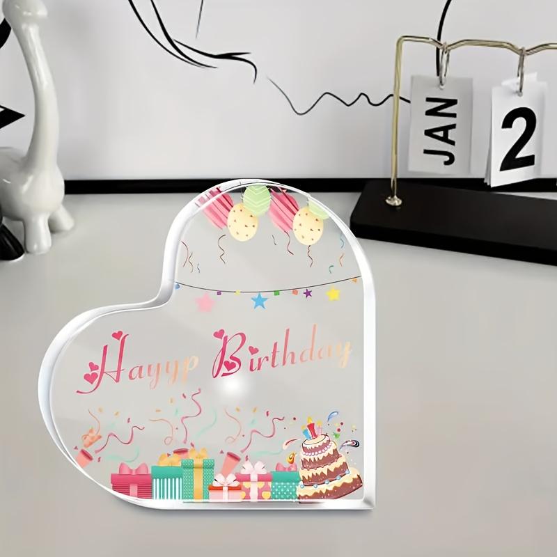 1pc Heart-Shaped Birthday Acrylic Plaque - Table Centerpiece with Pink "Happy Birthday" Cursive Lettering, Balloons & Cake Cutouts
