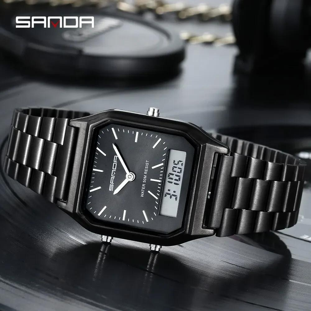 SANDA P747 Watch Luxury Mens Style Watches Stainless Steel Women LED Digital Dual Display Clock Unisex Waterproof Sports Quartz