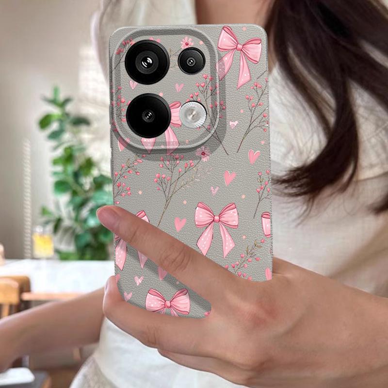 Pink Bowknots Floral Pattern Case For Xiaomi 14T 13T 11T Pro Funda Redmi Note 14 13 12 11 Pro 5G 4G Leather Texture Silicone Cover