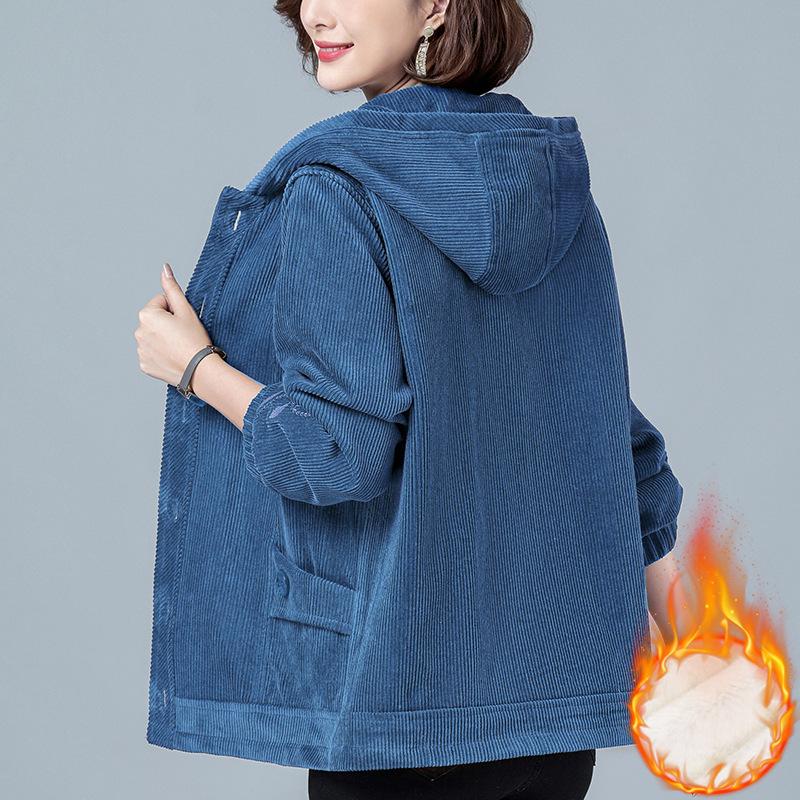 Pop Tinta Unita Primavera Autunno Giacca di Velluto a Coste da Donna Inverno Capispalla Velluto Spesso Semplice Ampia Giacca Mamma con Cappuccio Calda