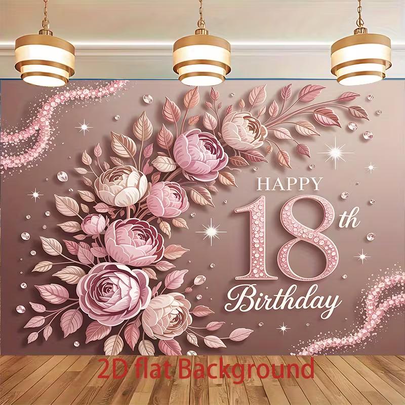 2D Pink Rose 18th Happy Birthday Backdrop 210x150cm Party Banner