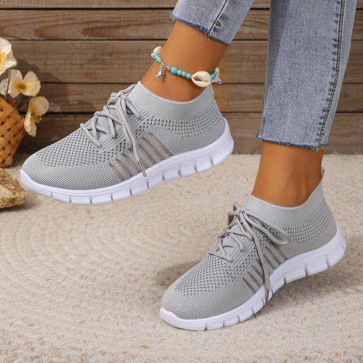 Korean Style Women's Lace-Up Flyknit Mesh Sneakers, Size 43, Lightweight Flat Bottom, Plus Size Available