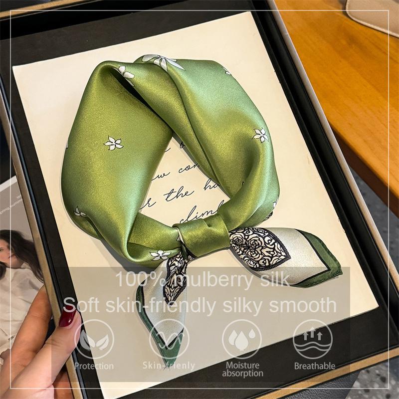 Fashion Glasses M Women's Green 100% Silk Scarf Bandana Square Scarves Wrap Kerchief Mulberry Silk Spring Fashion Luxury High Quality Headband Hijab 53Cm