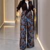 2026 Womens Printed Shirt Wide Leg Pants Set Casual Office Outfit