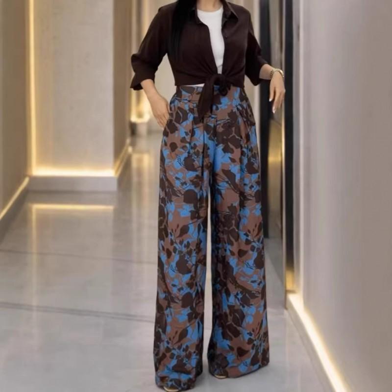 2026 Womens Printed Shirt Wide Leg Pants Set Casual Office Outfit