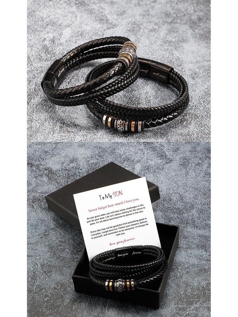 Men's Titanium Steel & Leather Engraved Bracelet Set with Stainless Steel Layers