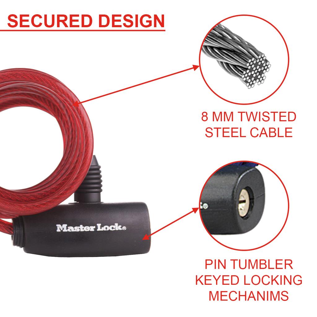 Master Lock Bike Lock Cable, 2 Keys, 180 cm x 8 mm
