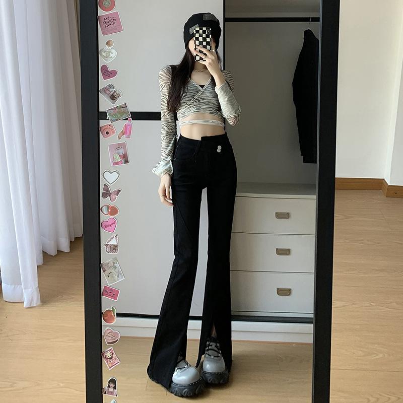 Flared Pants Women's Autumn and Winter Split Trousers Tassel High Waist Elastic Micro-flared Jeans Women's Autumn and Winter