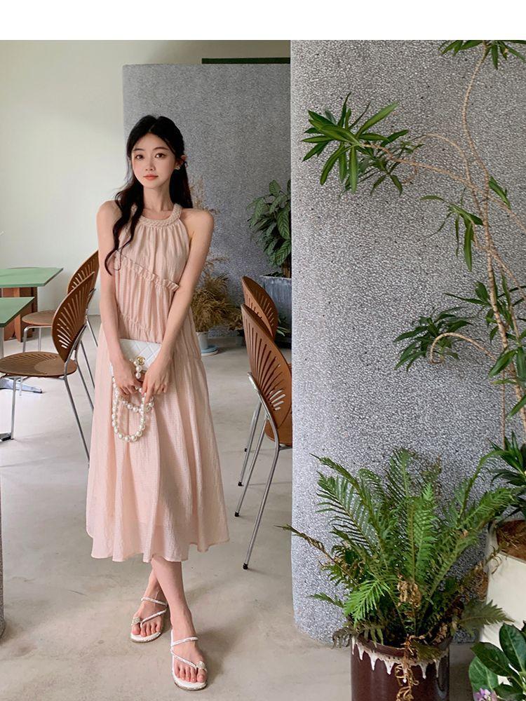 Summer loose pleated large skirt medium and long skirt small holiday style sleeveless neck dress women