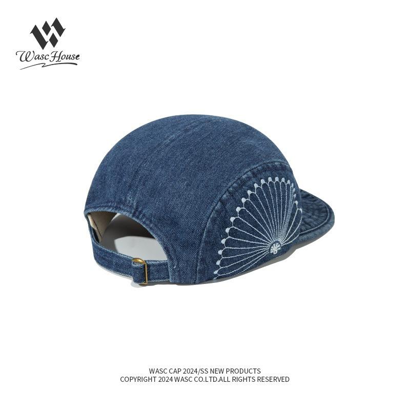 New blue-dyed denim soft-top cap, chrysanthemum embroidery, street versatile short-brimmed baseball hat