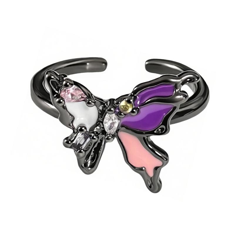 Dark Purple Zircon Liquid Irregular Enamel Butterfly Open Ring Personalized Spice Girl Stacked With Niche Ring Woman