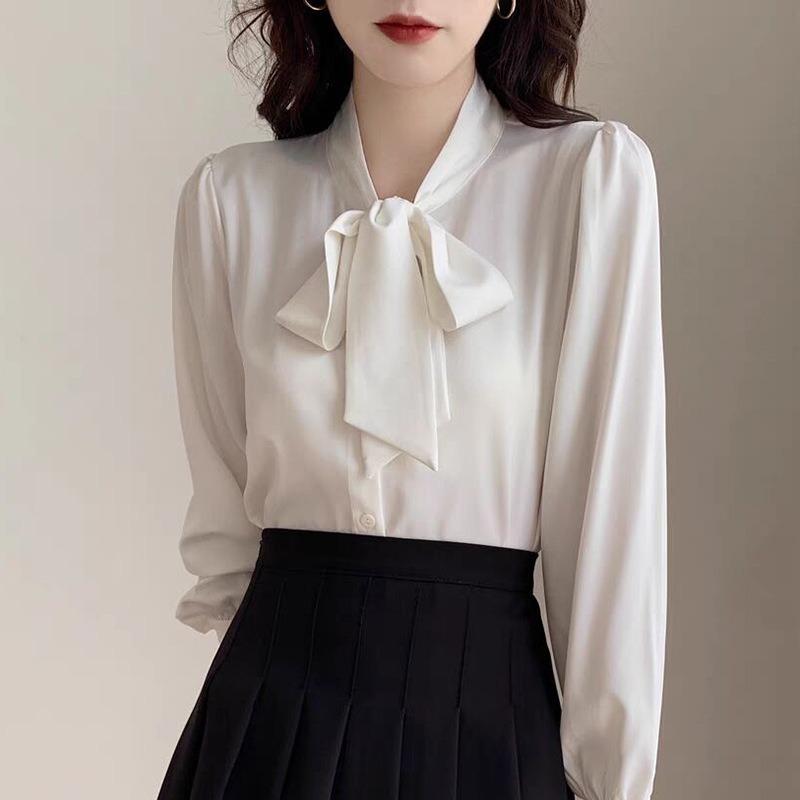 Chunxin Blue Bow Shirt Women s Design Sense Niche Professional Temperament Shirt Satin Top Lace-up S белый
